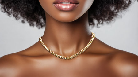 This stunning close-up image features a beautiful woman showcasing a luxurious gold chain necklace, emphasizing her smooth skin and elegant appearance.の素材