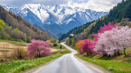 A serene winding road lined with blooming cherry trees leads towards majestic mountains capped with snow, providing a perfect spring landscape.の素材