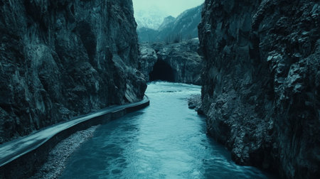 A stunning view of a winding river cutting through a rocky canyon, framed by towering cliffs and snow-covered mountains, perfect for nature lovers.の素材