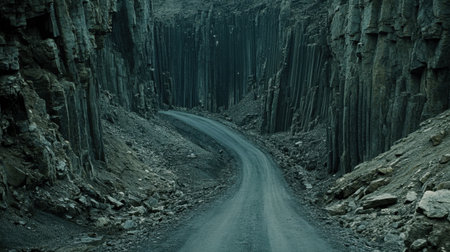 This captivating image features a winding road nestled between towering vertical rock formations, showcasing the raw beauty of nature in a remote landscape.の素材