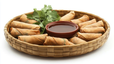 A beautiful arrangement of freshly made spring rolls presented on a bamboo tray, accompanied by a small bowl of dipping sauce and garnished with fresh herbs. Perfect for sharing at gatherings or special occasions.の素材