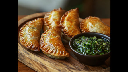 A close-up image of golden brown baked empanadas arranged on a rustic wooden platter, accompanied by a rich green salsa in a bowl, showcasing tempting textures.の素材