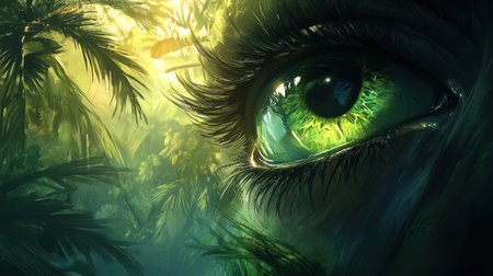 This image captures a stunning close-up of a vibrant green eye reflecting a lush jungle landscape, showcasing the beauty of nature and captivating detail.の素材