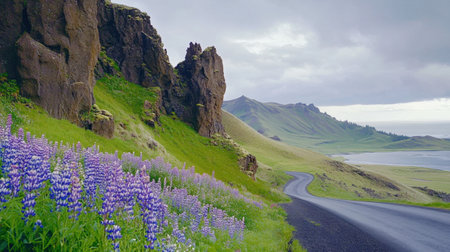 Captivating views of a lush landscape with vibrant purple flowers along a winding road, rocky cliffs, and calm waters make this scene perfect for nature lovers.の素材