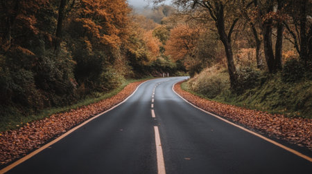 A tranquil autumn scene featuring a winding road lined with colorful trees and fallen leaves, inviting viewers to explore nature's beauty.の素材