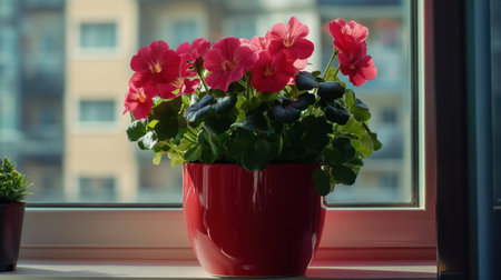 This beautiful image showcases vibrant pink flowers in a red pot, placed on a sunny windowsill, creating a warm and inviting indoor atmosphere.の素材