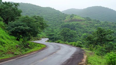 Experience the beauty of a winding road through vibrant green hills on a rainy day. The mist adds a serene atmosphere, inviting exploration.の素材
