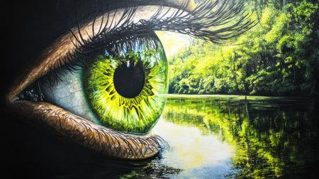 This stunning artwork features a detailed close-up of a vibrant green eye reflecting a serene landscape, showcasing the beauty of nature and artistic imagination.の素材