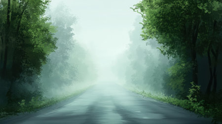 This image depicts a quiet road enveloped in fog, flanked by lush trees, creating a serene atmosphere perfect for evoking nature's tranquility.の素材