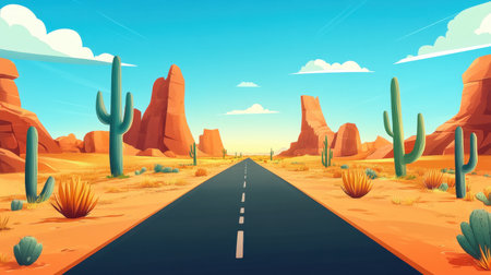 A stunning view of a straight asphalt road cutting through a vibrant desert landscape, adorned with tall cacti and majestic rocky formations under a clear blue sky.の素材