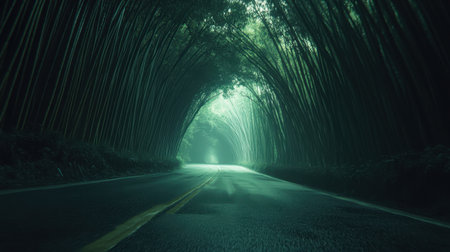 A captivating view of a bamboo-lined road, where lush greenery envelops the pathway, creating a serene and mystical atmosphere perfect for exploration.の素材