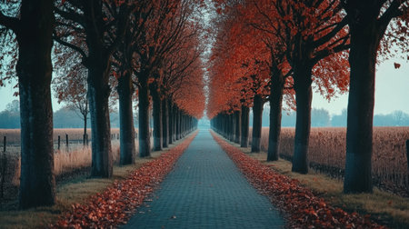 A peaceful autumn scene showcasing a picturesque pathway lined with vibrant red and orange trees. The tranquil surroundings invite relaxation and exploration.の素材