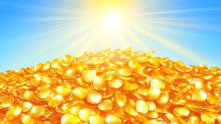 A vibrant scene showcasing a large pile of gleaming gold coins illuminated by bright sunlight under a clear blue sky, symbolizing prosperity and wealth.の素材