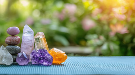 This image showcases a stunning arrangement of colorful crystals and stones set against a lush, natural background, emphasizing tranquility and harmony.の素材