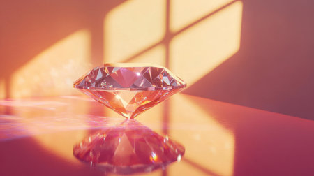 A stunning crystal diamond sits elegantly on a reflective surface, capturing colorful hues and shadows in soft natural light, creating a mesmerizing visual.の素材