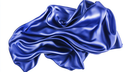 This image features a luxurious blue satin fabric, showcasing soft folds and a smooth texture, perfect for backgrounds in fashion or textile design.の素材