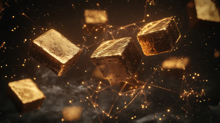 A striking visual of floating gold cubes illuminated by glowing particles against a dark background, ideal for conveying themes of luxury, wealth, and innovation in design.の素材