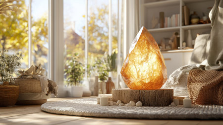 A mesmerizing amber crystal lamp radiates warm light in a stylish living room, surrounded by natural decor elements, creating a serene atmosphere perfect for relaxation.の素材