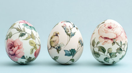 Three beautifully designed Easter eggs featuring stunning floral and bird illustrations on a soft blue background, perfect for spring celebrations.の素材