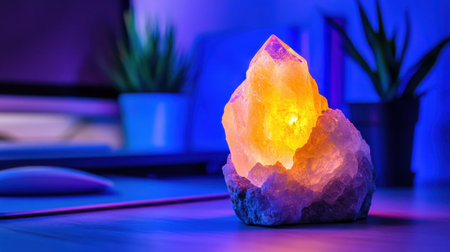 A striking orange crystal emits a warm glow, enhancing a modern workspace with plants and technology. Perfect for adding an artistic touch and promoting relaxation.の素材
