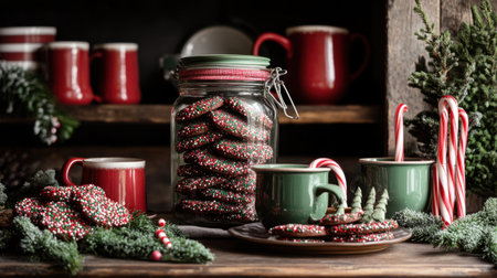 A charming display of colorful Christmas cookies in a jar, paired with festive mugs and holiday decorations, captures the essence of cozy winter celebrations.の素材
