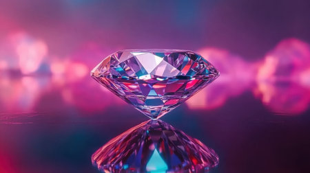 This stunning image showcases a beautifully cut crystal diamond reflecting light against a colorful background, creating a mesmerizing bokeh effect.の素材