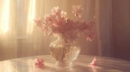 A serene composition of pink blossoms arranged in an elegant glass vase, illuminated by soft sunlight, creating a tranquil and inviting ambiance.の素材