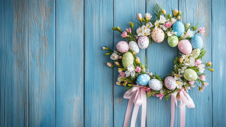 A vibrant and charming Easter wreath featuring colorful eggs, delicate flowers, and a lovely ribbon on a rustic blue wooden wall. Perfect for spring celebrations.の素材