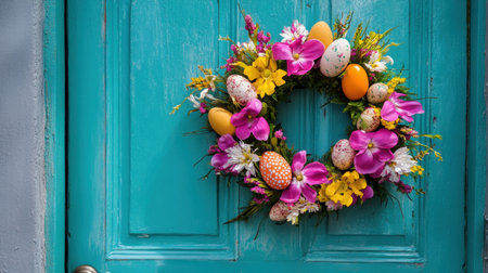A vibrant Easter wreath featuring colorful flowers and decorated eggs, artfully arranged on a teal door, embodying spring joy and festive charm.の素材
