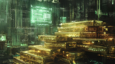 A captivating digital scene featuring glowing gold bars stacked against a backdrop of green binary code and futuristic technology elements, symbolizing wealth.の素材