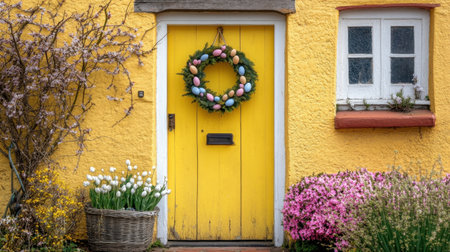 A charming yellow door adorned with an Easter wreath, complemented by a beautiful array of colorful flowers and blooming plants in spring.の素材