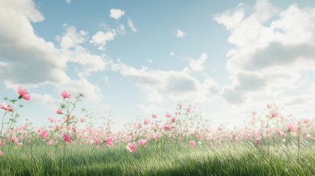 A stunning view of a vibrant meadow filled with pink flowers against a backdrop of a bright blue sky and fluffy white clouds, evoking peace and serenity.の素材