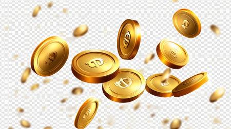 A visually striking depiction of dynamic gold coins featuring a dollar sign emblem, ideal for financial concepts and marketing materials.の素材