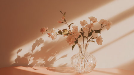 A serene display of delicate flowers in a crystal vase casts soft shadows on a pastel surface, capturing the beauty of natural light and minimal aesthetics.の素材
