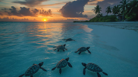 A stunning scene captures sea turtles making their way from the sandy beach to the ocean under a vibrant sunset. The calm waters reflect the colorful sky, creating a serene atmosphere of nature's beauty.の素材