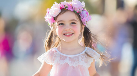 A cheerful young girl with a floral crown radiates happiness while playing outdoors, capturing the essence of joy and youth in a vibrant summer setting.の素材