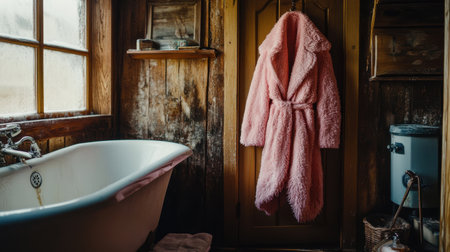 This image captures a cozy pink bathrobe hanging gracefully in a rustic wooden bathroom, featuring a vintage bathtub and soft natural light, perfect for relaxation.の素材