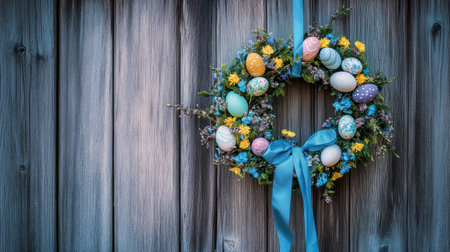 A vibrant Easter wreath adorned with decorated eggs and fresh flowers is showcased against a rustic wooden backdrop, capturing the essence of spring celebrations.の素材