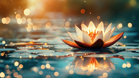 A beautiful water lily floats serenely on a calm pond, surrounded by soft bokeh effects and warm sunlight, capturing nature's tranquil beauty.の素材