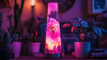 A vibrant lava lamp casts a mesmerizing glow in a dimly lit room, surrounded by lush houseplants and vintage decor elements, creating a cozy atmosphere.の素材