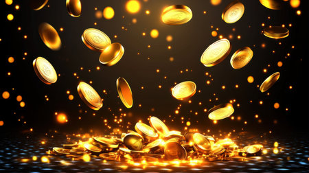 A captivating scene featuring golden coins cascading down with shimmering sparkles against a dark backdrop, symbolizing wealth and prosperity.の素材