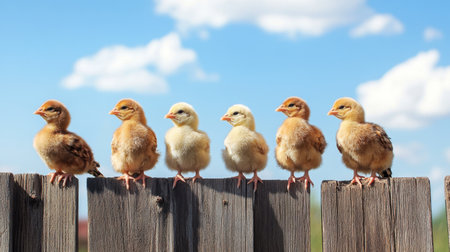 A charming scene featuring six baby chicks sitting closely on a wooden fence under a bright blue sky filled with fluffy white clouds, evoking a sense of innocence and joy.の素材