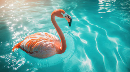 A stunning flamingo glides peacefully across crystal-clear water, showcasing vibrant plumage under warm sunlight. The scene captures the essence of tranquility and natural beauty, perfect for ads or storytelling.の素材