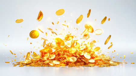 A stunning burst of golden coins creates a mesmerizing scene that symbolizes wealth and prosperity, perfect for finance and celebration themes.の素材