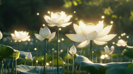 A mesmerizing scene of ethereal white lotus flowers blooming gracefully in a sunlit pond, surrounded by lush greenery and soft dappled light, inviting tranquility.の素材