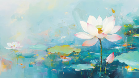 A stunning depiction of a white lotus flower blooming in a tranquil pond, featuring soft colors and gentle brushstrokes that create a serene atmosphere.の素材
