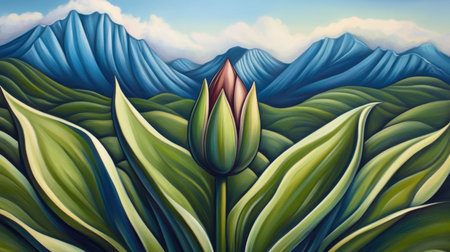 A vibrant abstract depiction of a flowering plant set against majestic mountains, showcasing a harmonious blend of colors and natural beauty.の素材
