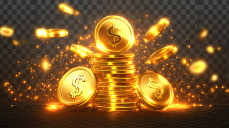 A striking image of high-stacked golden coins featuring bright dollar signs, surrounded by sparkling light effects on a transparent background.の素材
