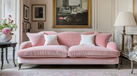 A stunning pink velvet sofa adorned with decorative cushions sits in a refined living room, surrounded by classic decor and artistic touches.の素材