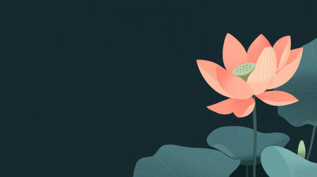 A stunning illustration of a pink lotus flower surrounded by green leaves on a dark background, perfect for conveying beauty and tranquility in nature imagery.の素材